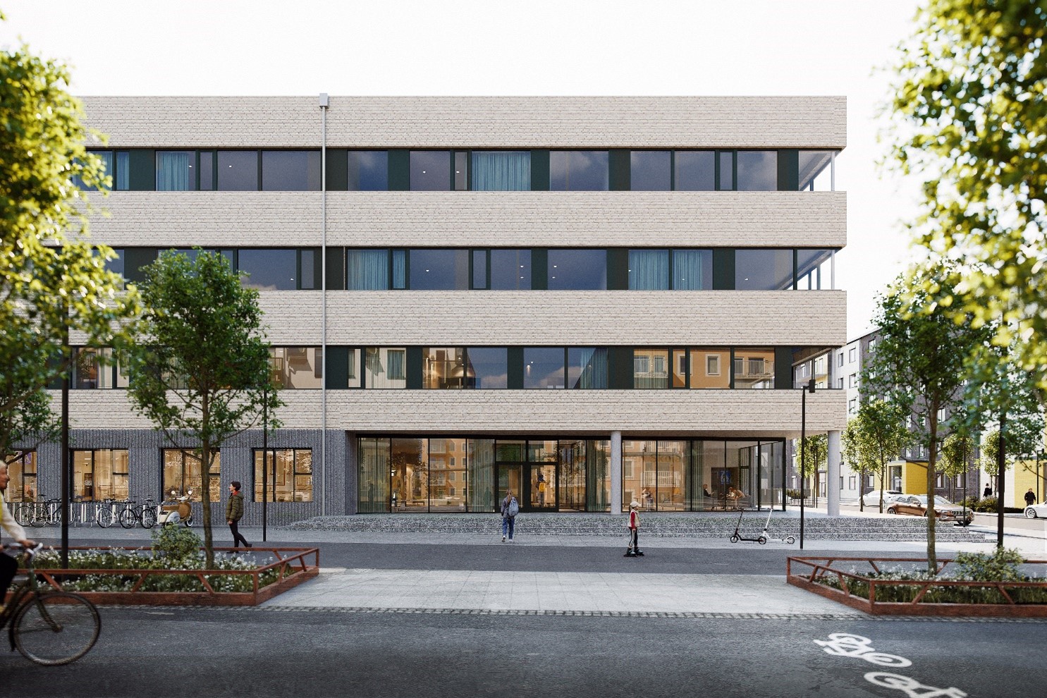 Arkitektritad bild över vy på Täby Parkskolans fasad från Vintergallopsgatan